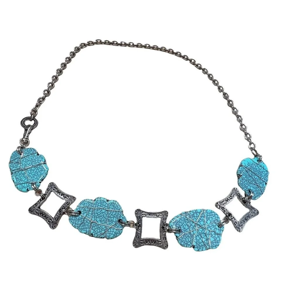 Silver Tone Adjustable Chain Wire‎ Wrapped Faux Turquoise Chunky Belt